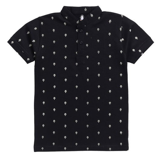 Mandarin Collar Printed Polo | Night Black