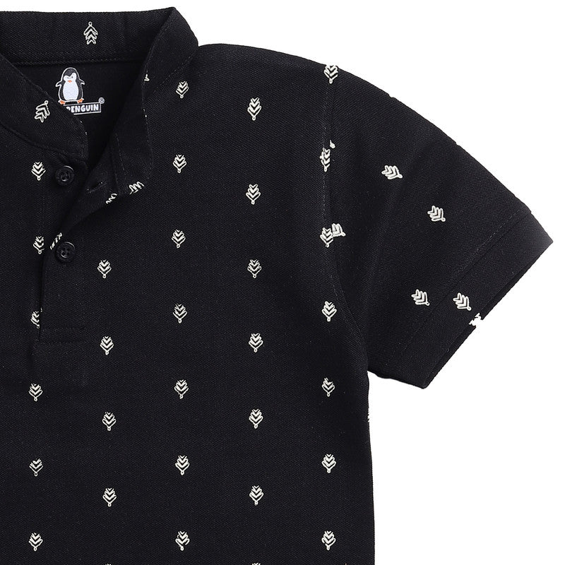 Mandarin Collar Printed Polo | Night Black