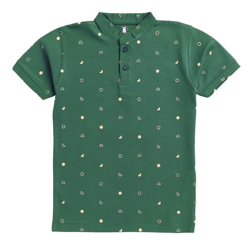 Mandarin Collar Printed Polo | Green