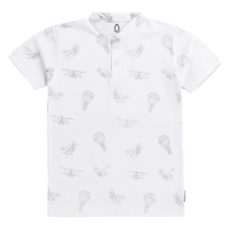 Mandarin Collar Printed Polo| Off White