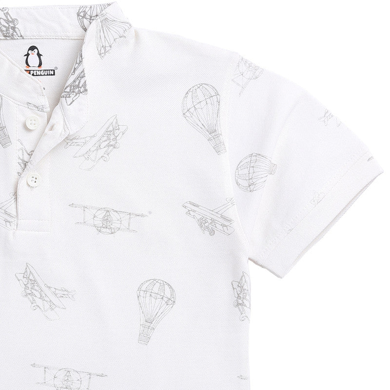 Mandarin Collar Printed Polo| Off White