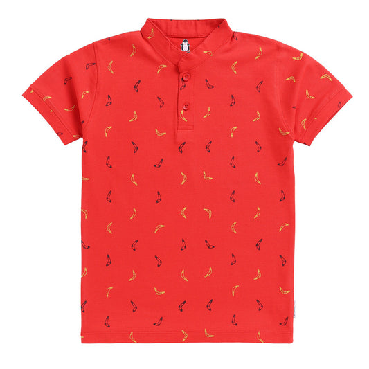 Mandarin Collar Printed Polo | Red