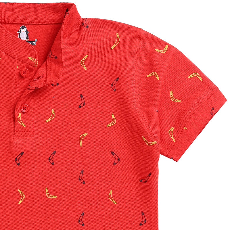 Mandarin Collar Printed Polo | Red