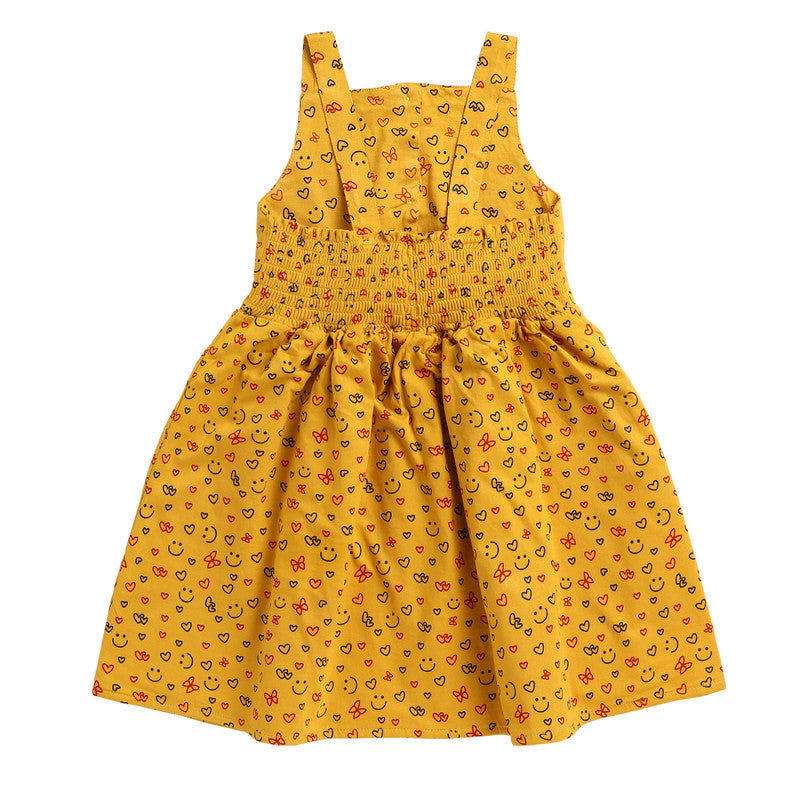 Girls Printed Sleeveless Frock|Mustard