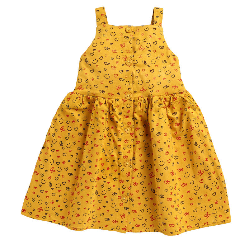 Girls Printed Sleeveless Frock|Mustard