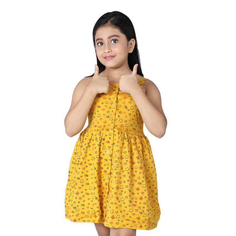 Girls Printed Sleeveless Frock|Mustard