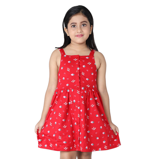 Girls Printed Sleeveless Frock|Red