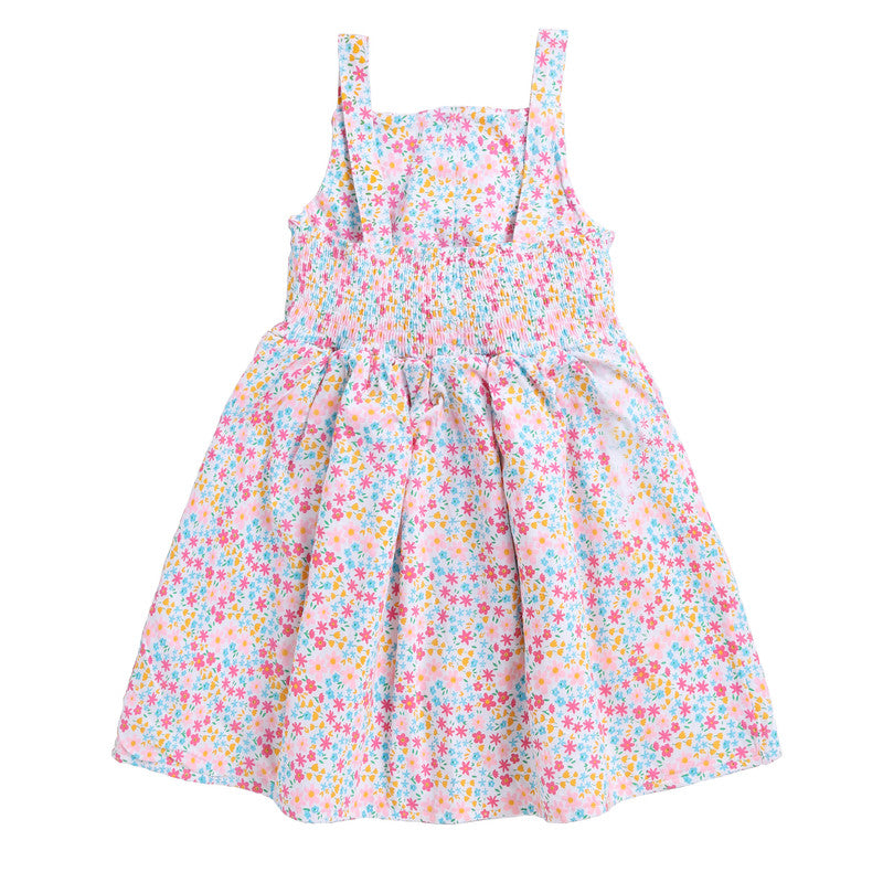 Girls Printed Sleeveless Frock|White