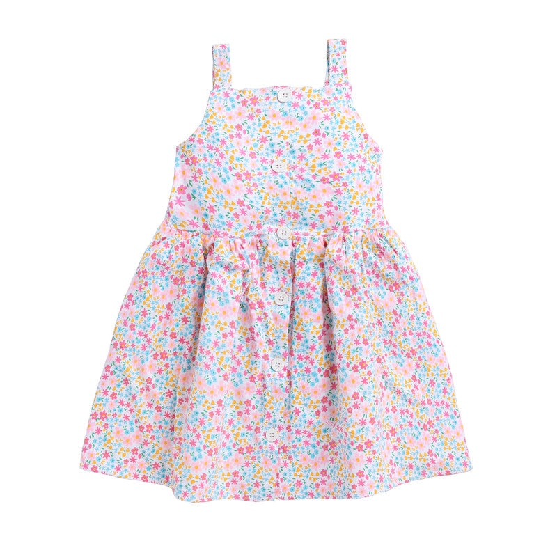 Girls Printed Sleeveless Frock|White