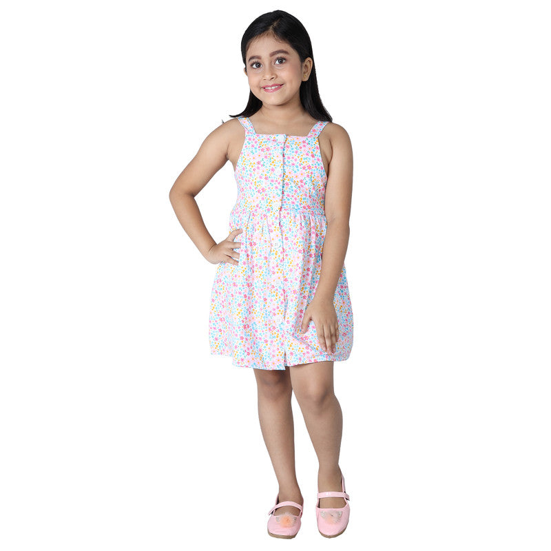 Girls Printed Sleeveless Frock|White