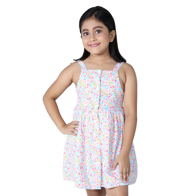 Girls Printed Sleeveless Frock|White